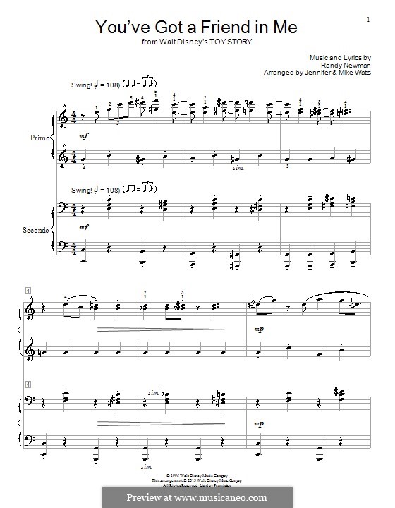 You've Got a Friend in Me (from Disney's Toy Story): For piano four hands by Randy Newman