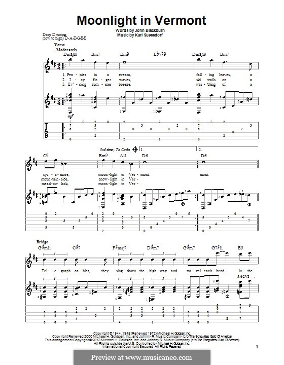 Moonlight in Vermont (Frank Sinatra): For guitar with tablature by Karl Suessdorf