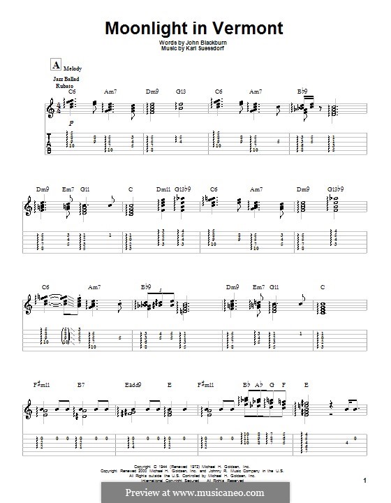 Moonlight in Vermont (Frank Sinatra): For guitar with tablature by Karl Suessdorf