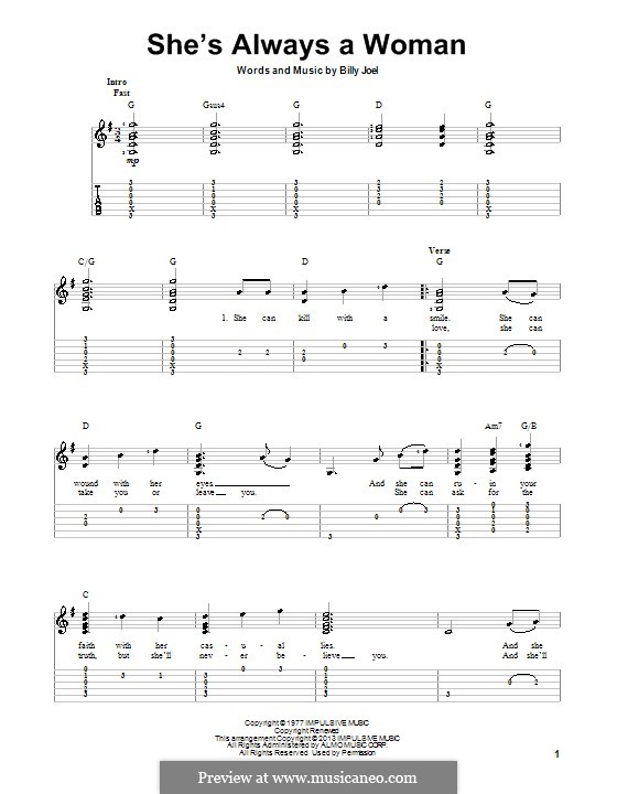 She's Always a Woman: For guitar with tab by Billy Joel