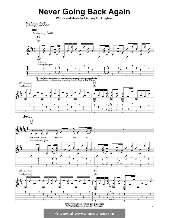 Never Going Back Again (Fleetwood Mac): For guitar with tab by Lindsey Buckingham