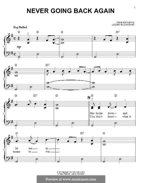 Never Going Back Again (Fleetwood Mac): For piano by Lindsey Buckingham