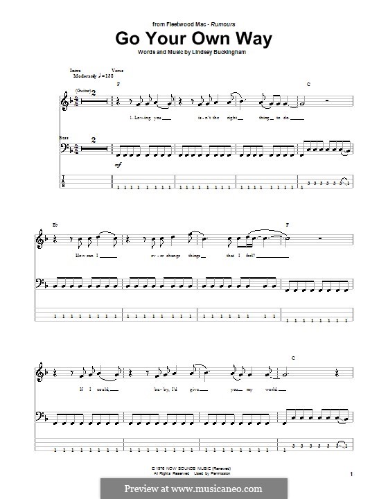 Go Your Own Way (Fleetwood Mac): For bass guitar with tab by Lindsey Buckingham