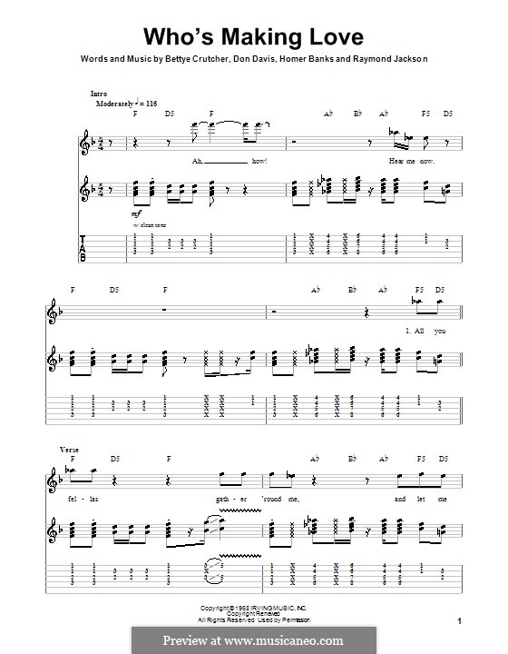 Who's Making Love (Johnnie Taylor): For guitar with tab by Bettye Jean Barnes Crutcher, Don Davis, Homer Banks, Raymond Jackson