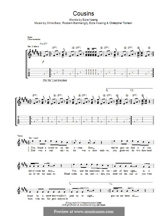 Cousins (Vampire Weekend): For guitar with tab by Chris Baio, Christopher Tomson, Ezra Koenig, Rostam Batmanglij