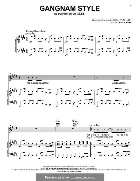 Vocal-instrumental version: For voice and piano (or guitar) by Gun Hyung Yoo, PSY