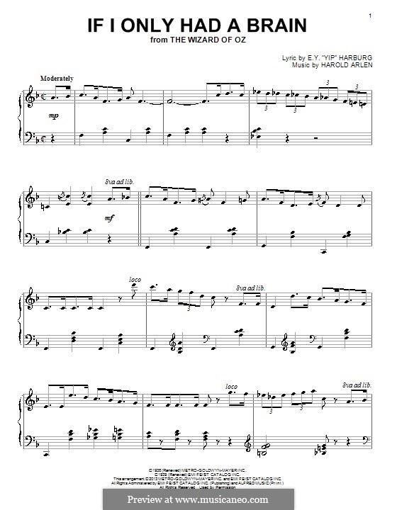 If I Only Had a Brain (from The Wizard of Oz): For piano by Harold Arlen