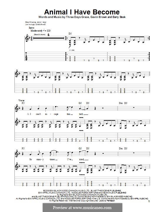 Animal I Have Become (Three Days Grace): For guitar with tab by Adam Gontier, Barry Stock, Brad Walst, Gavin Brown, Neil Sanderson