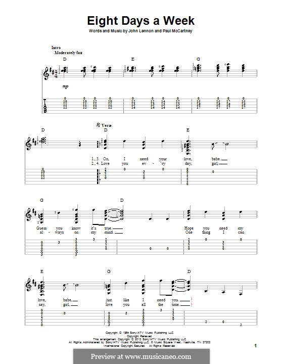 Eight Days a Week (The Beatles): For guitar with tab by John Lennon, Paul McCartney