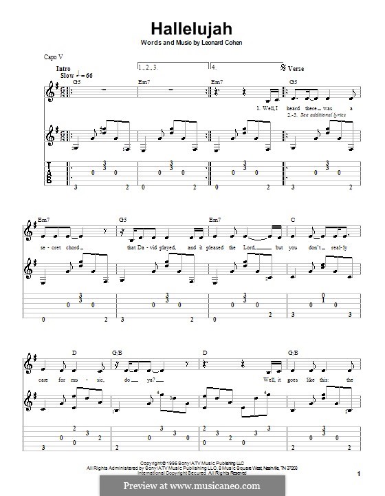 Guitar version: For a single performer by Leonard Cohen
