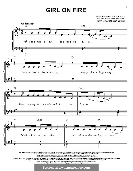 Girl on Fire: For piano by Alicia Keys, Jeff Bhasker, Salaam Remi, Billy Squier