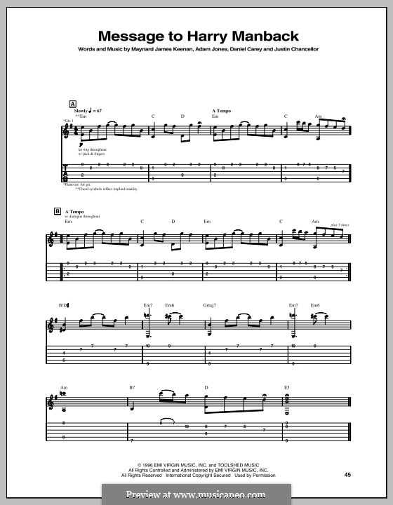 Message To Harry Manback (Tool): For guitar with tab by Adam Jones, Daniel Carey, Justin Chancellor, Maynard James Keenan