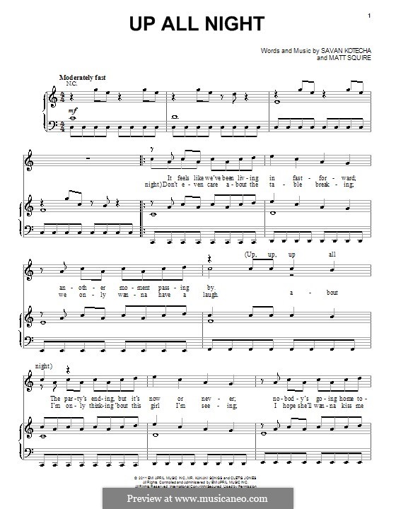 Up All Night (One Direction): For voice and piano (or guitar) by Matthew Squire, Savan Kotecha