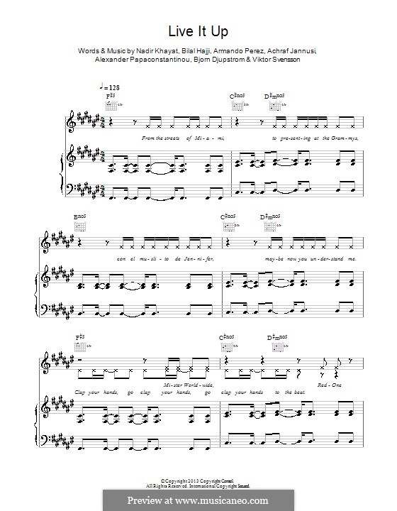 Live It Up (Jennifer Lopez): For voice and piano (or guitar) by RedOne, AJ Junior, Pitbull, Bilal Hajji, Alexander Papaconstantinou, Björn Djupström, Viktor Svensson