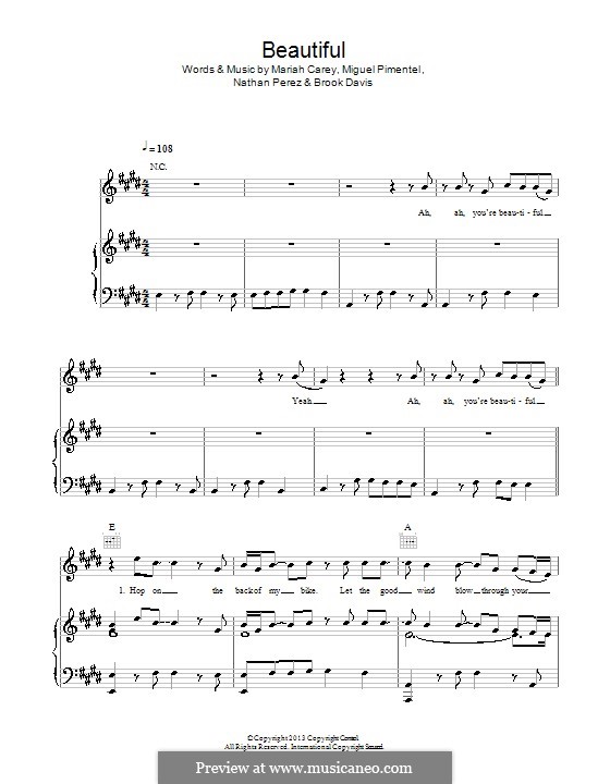 Beautiful (Mariah Carey feat. Miguel): For voice and piano (or guitar) by Mariah Carey, Brook Davis, Miguel Pimentel, Nathan Perez
