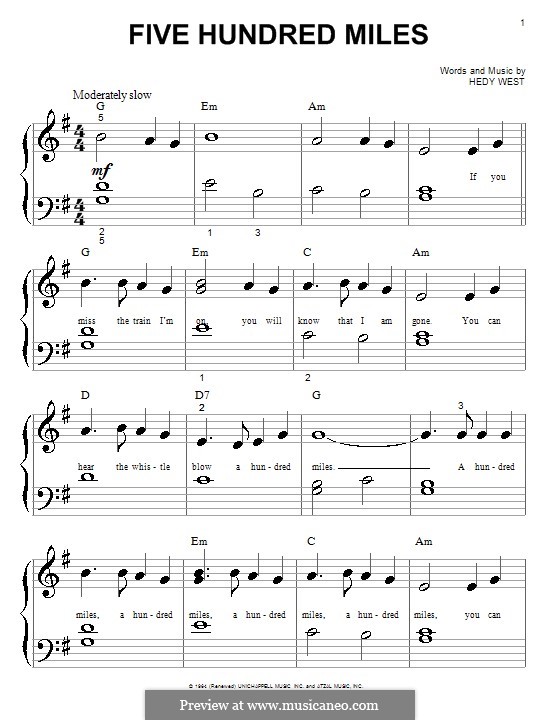 Five Hundred Miles (Peter, Paul & Mary): For piano by Hedy West