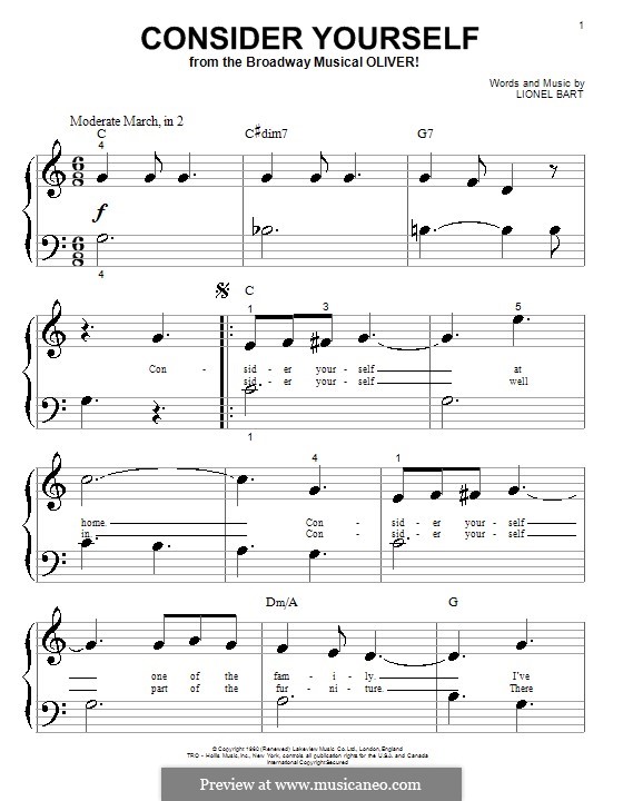 Consider Yourself (from Oliver!): For piano by Lionel Bart