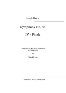 Symphony No.44 in E Minor 'Mourning', Hob.I/44: Movement IV, for recorder orchestra by Joseph Haydn