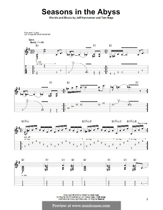 Seasons in the Abyss (Slayer): For guitar with tab by Jeffery Hanneman, Tom Araya