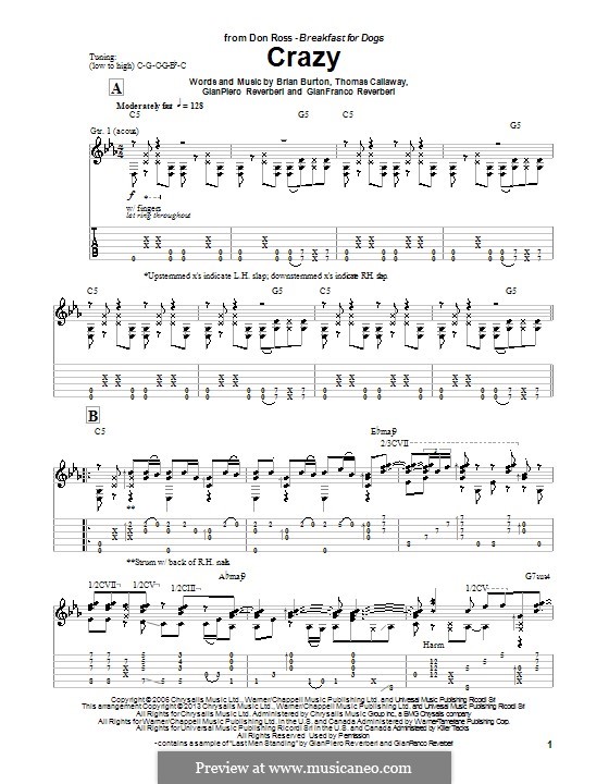 Crazy (Gnarls Barkley): For guitar with tab by Brian Burton, Gian Piero Reverberi, Gianfranco Reverberi, Thomas Callaway