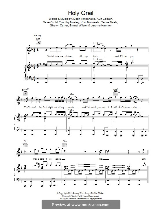 Holy Grail (Jay-Z feat. Justin Timberlake): For voice and piano (or guitar) by David Grohl, Ernest Wilson, Jerome Harmon, Justin Timberlake, Krist Novoselic, Kurt Cobain, Jay-Z, Terius Nash, Timbaland