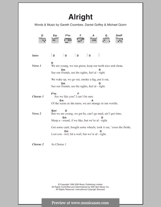 Alright (Supergrass): Lyrics and chords by Daniel Goffey, Gareth Coombes, Michael Quinn