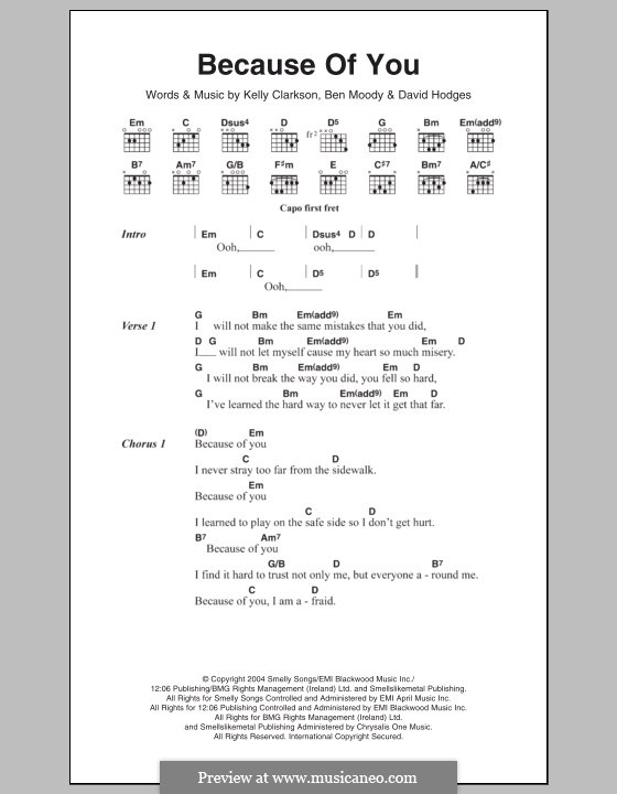 Because of You: Lyrics and chords by Ben Moody, David Hodges, Kelly Clarkson