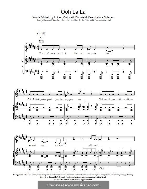 Ooh La La (Britney Spears): For voice and piano (or guitar) by Bonnie McKee, Jacob Kasher Hindlin, Joshua Coleman, Lukas Gottwald, Henry Russell Walter, Fransisca Hall, Lola Blanc