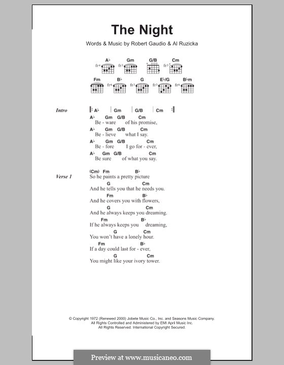 The Night (Frankie Valli & The Four Seasons): Lyrics and chords by Bob Gaudio, Al Ruzicka