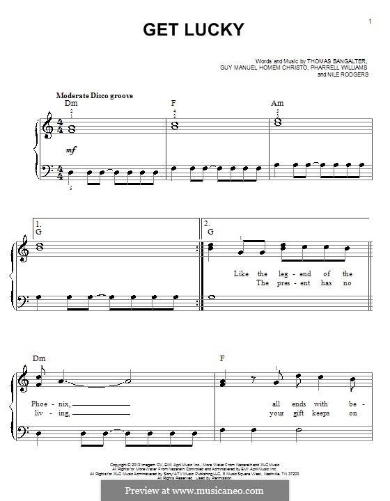 Get Lucky (Daft Punk featuring Pharrell Williams): For piano by Nile Rodgers, Pharrell Williams, Thomas Bangalter, Guy-Manuel de Homem-Christo
