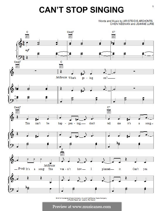 Can't Stop Singing (from Teen Beach Movie): For voice and piano (or guitar) by Aris Archontis, Chen Neeman, Jeannie Lurie
