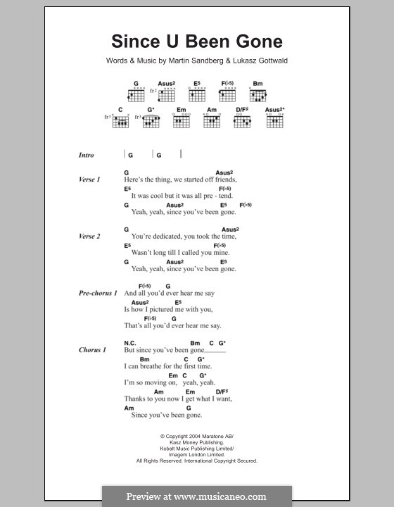 Since U Been Gone (Kelly Clarkson): Lyrics and chords by Lukas Gottwald, Max Martin