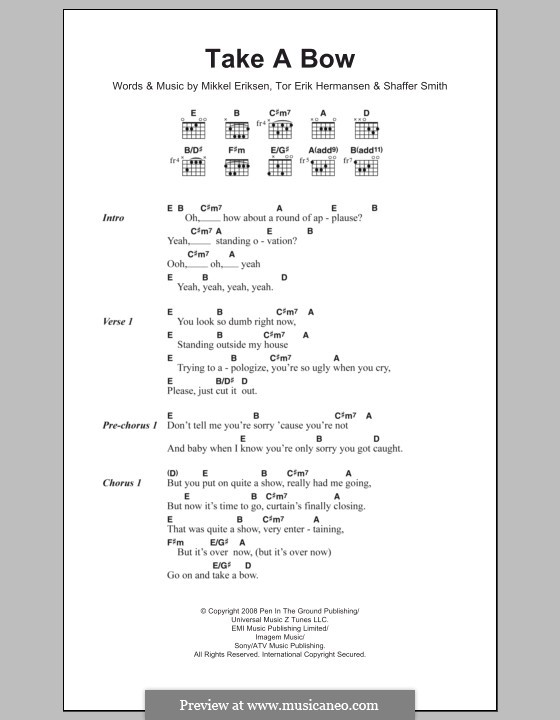 Take a Bow (Rihanna): Lyrics and chords by Mikkel Storleer Eriksen, Ne-Yo, Tor Erik Hermansen