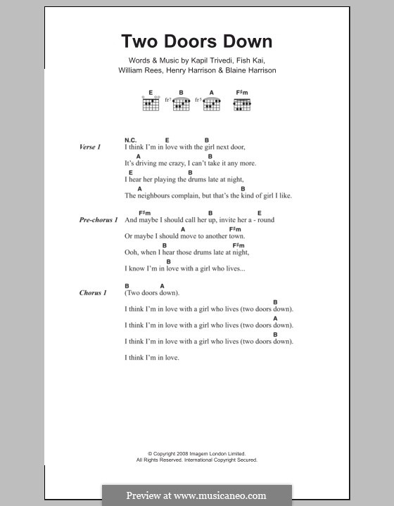 Two Doors Down (Mystery Jets): Lyrics and chords by William Rees, Blaine Harrison, Fish Kai, Henry Harrison, Kapil Trivedi