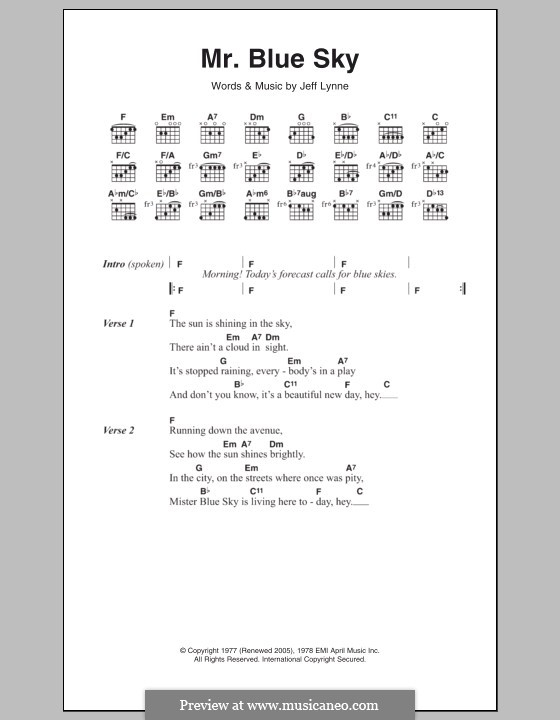 Mr. Blue Sky (Electric Light Orchestra): Lyrics and chords by Jeff Lynne