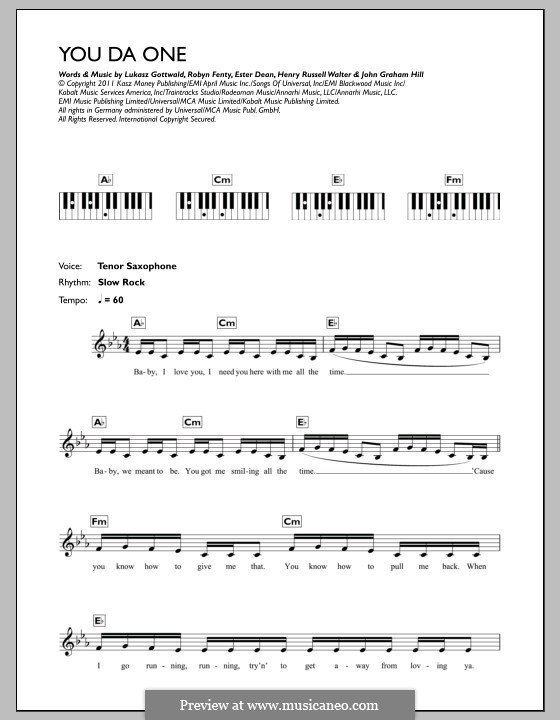 You Da One: For keyboard by Esther Dean, Lukas Gottwald, Rihanna, Henry Russell Walter, John Hill