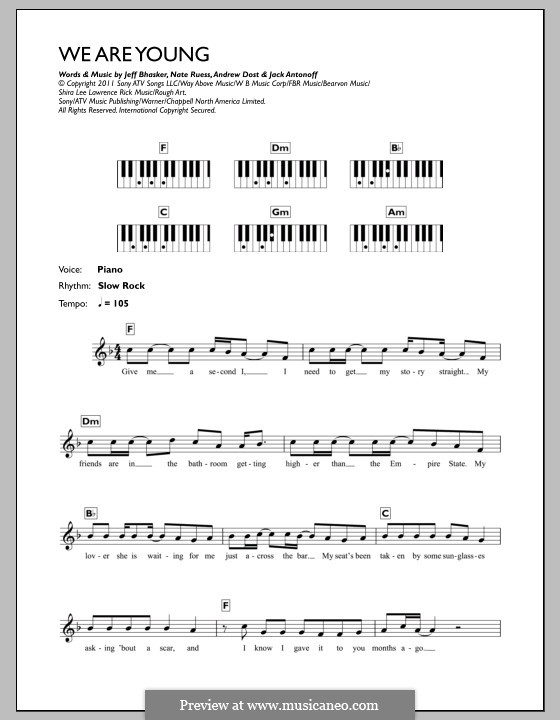 We Are Young: For keyboard by Jeff Bhasker, Jack Antonoff, Andrew Dost, Nathaniel Ruess