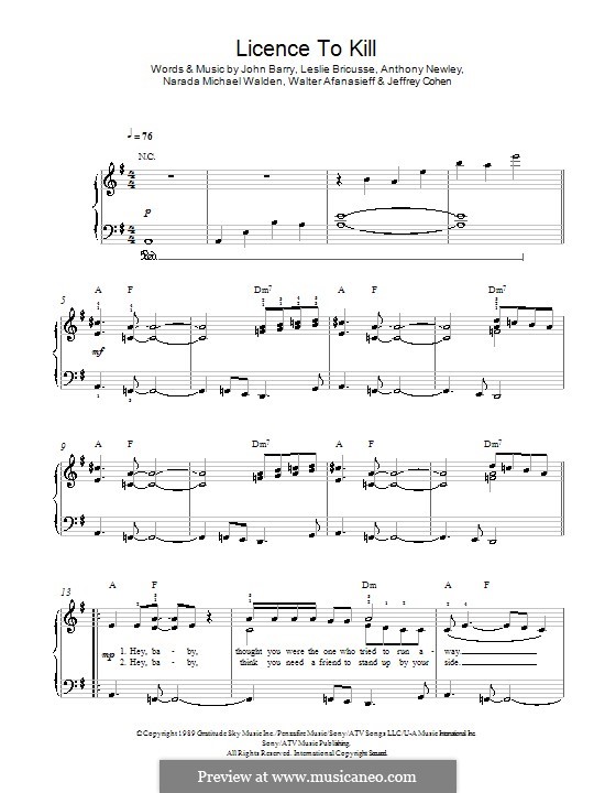 Licence to Kill (Gladys Knight): For piano by Anthony Newley, Jeffrey Cohen, John Barry, Leslie Bricusse, Narada Michael Walden, Walter Afanasieff