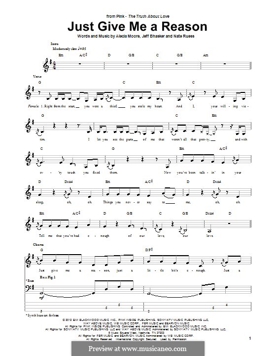 Just Give Me a Reason (Pink): For bass guitar with tab by Alecia Moore, Jeff Bhasker, Nathaniel Ruess
