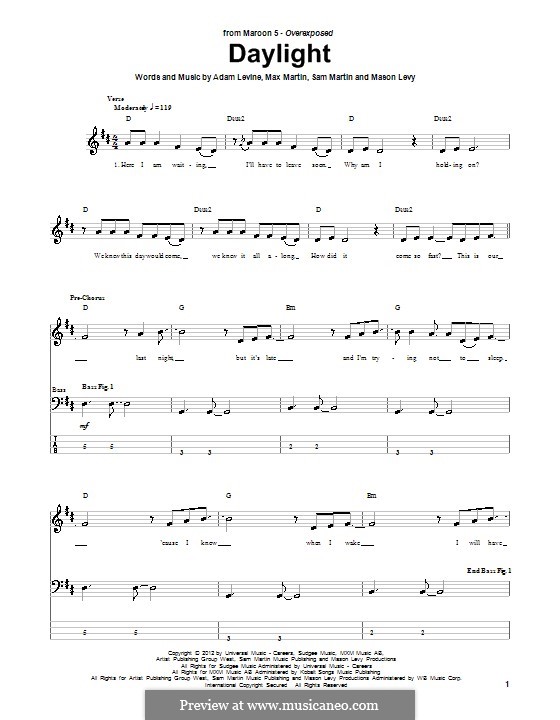 Daylight (Maroon 5): For bass guitar with tab by Adam Levine, Mason Levy, Max Martin, Sam Martin