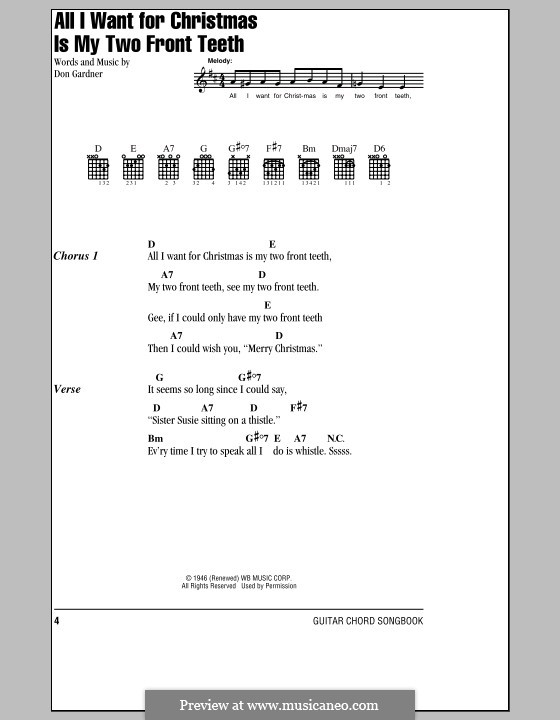 All I Want for Christmas Is My Two Front Teeth: Lyrics and chords (Spike Jones & The City Slickers) by Don Gardner