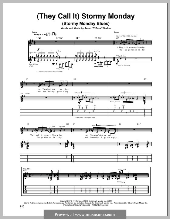 (They Call It) Stormy Monday (Stormy Monday Blues): For guitar with tab by T-Bone Walker