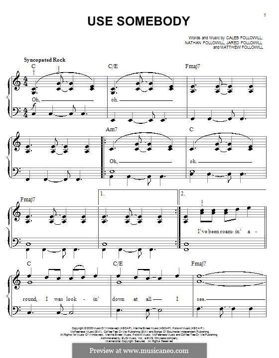 Use Somebody (Kings of Leon): For piano by Anthony Caleb Followill, Jared Followill, Matthew Followill, Nathan Followill