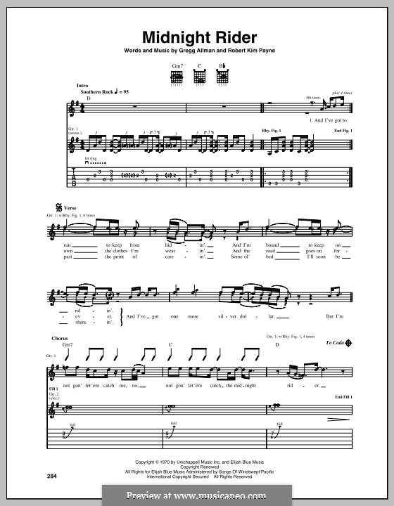 Midnight Rider (The Allman Brothers Band): For guitar with tab by Gregg Allman, Robert Kim Payne