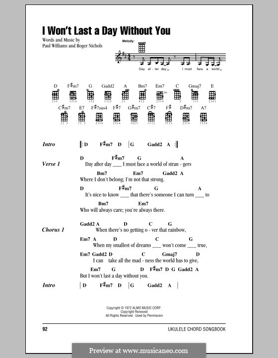 I Won't Last a Day without You (Carpenters): For ukulele by Paul H. Williams, Roger Nichols