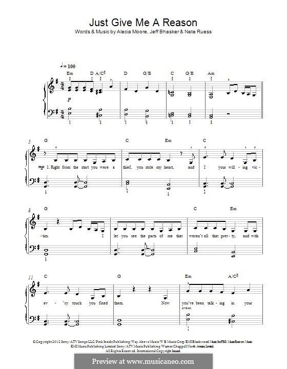 Just Give Me a Reason (Pink): For piano by Alecia Moore, Jeff Bhasker, Nathaniel Ruess