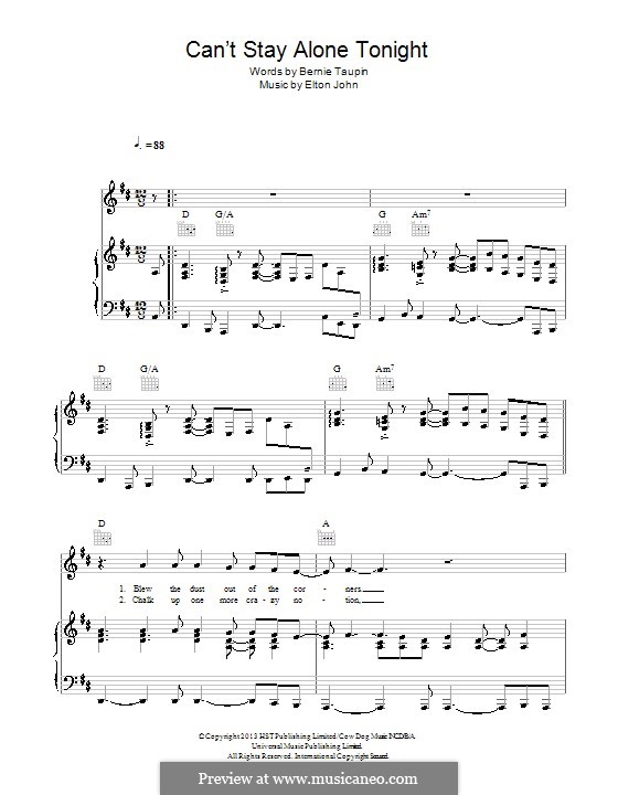 Can't Stay Alone Tonight: For voice and piano (or guitar) by Elton John