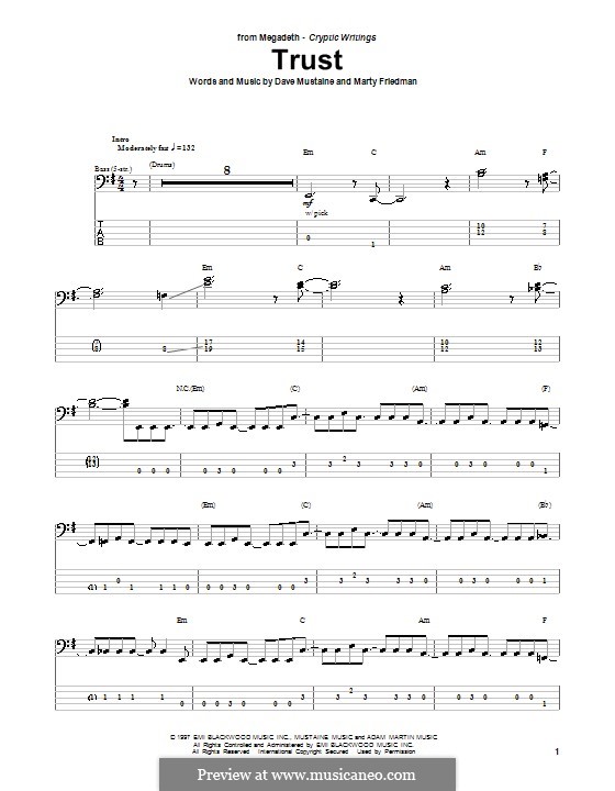 Trust (Megadeth): For bass guitar with tab by Dave Mustaine, Martin Friedman