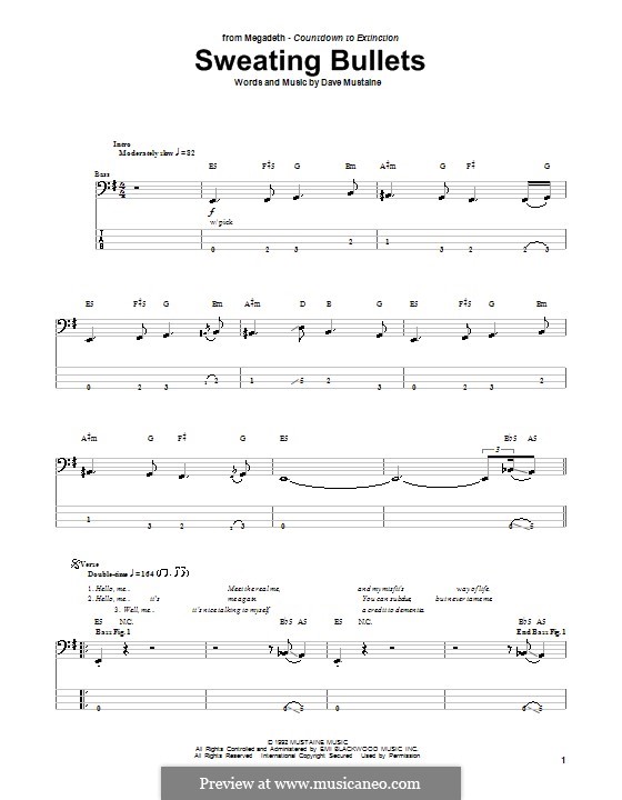 Sweating Bullets (Megadeth): For bass guitar with tab by Dave Mustaine