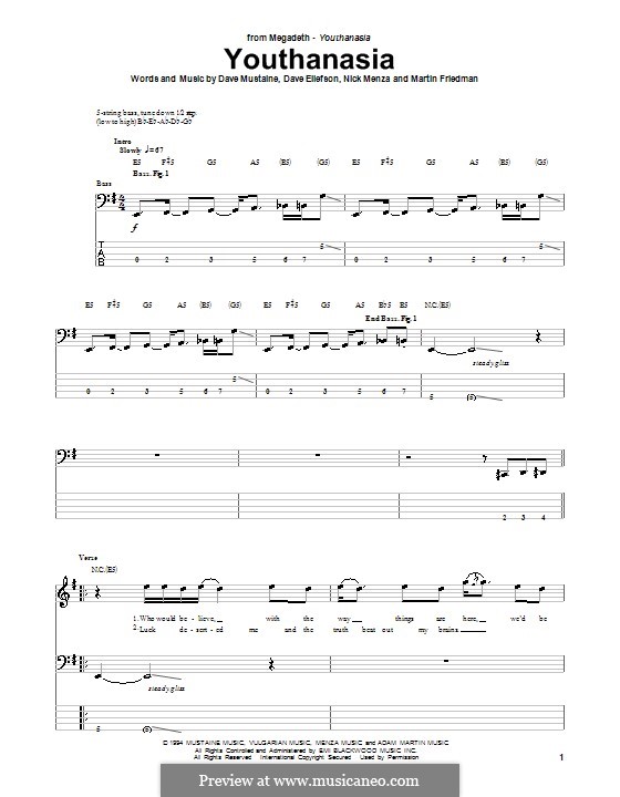 Youthanasia (Megadeth): For bass guitar with tab by Dave Ellefson, Dave Mustaine, Martin Friedman, Nick Menza